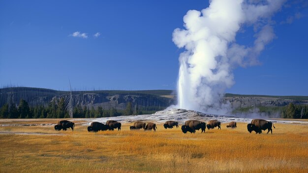 Foto um rebanho de bisontes pastando com um gêiser em erupção no fundo