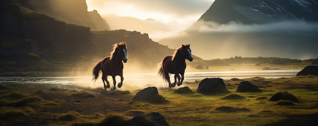 Um rebanho de cavalos da Islândia na Islândia paisagem generativa ai