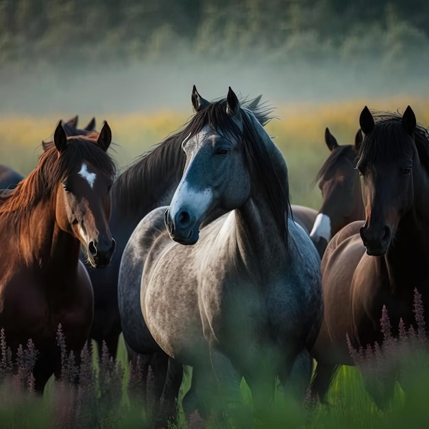 Um rebanho de cavalos num campo com a palavra " selvagem " nas costas.