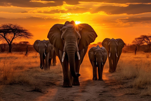 Um rebanho de elefantes na savana ao pôr-do-sol