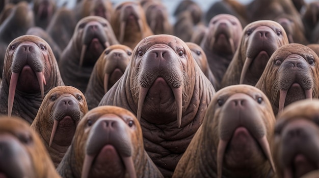 Um rebanho de morsas de mamíferos marinhos árticos olhando para a câmera generativa ai