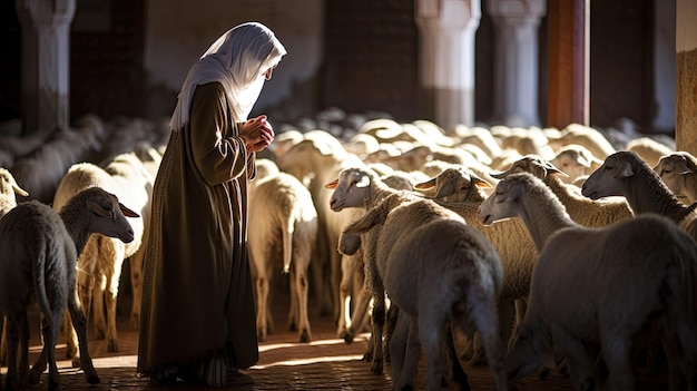 um rebanho de ovelhas com um homem de roupa segurando uma colher.