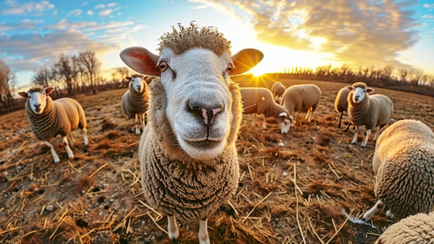 Um rebanho de ovelhas de pé no topo de um campo verde vibrante pastando pacificamente sob o sol