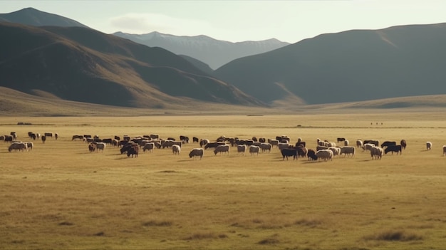 Um rebanho de ovelhas está pastando em um campo com montanhas ao fundo.