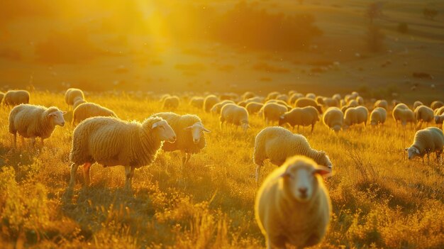 Um rebanho de ovelhas fofinhas espalhadas por um pintoresco prado pastando pacificamente na grama
