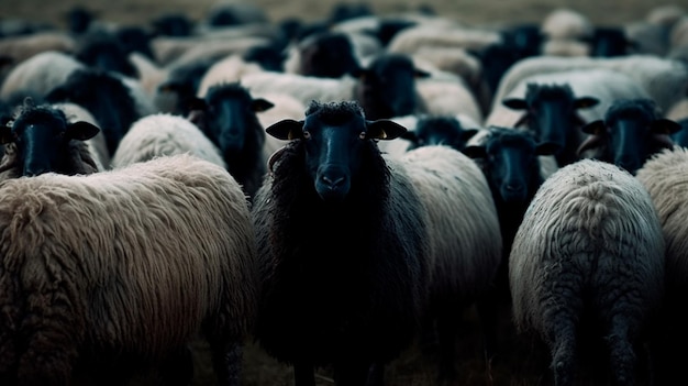 Um rebanho de ovelhas negras com uma branca na IA generativa do meio