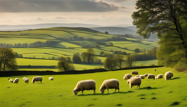 Foto um rebanho de ovelhas pastando em um campo verde com um fundo de céu