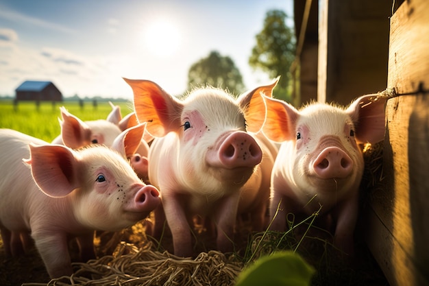 Um rebanho de porquinhos em uma fazenda olha para a câmera Tiro amplo engraçado de leitões ao pôr do sol