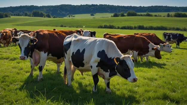 Foto um rebanho de vacas a pastar num vasto pasto verde sob um céu azul.