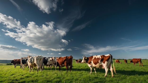 Um rebanho de vacas a pastar num vasto pasto verde sob um céu azul.