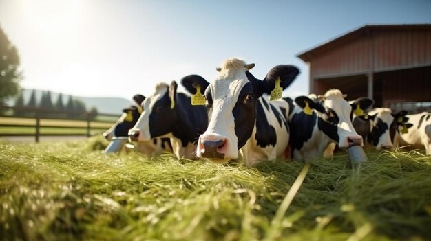 um rebanho de vacas em pé no topo de um campo verdejante