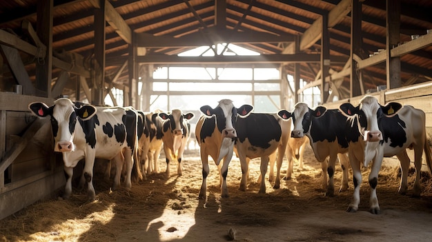 Um rebanho de vacas em uma fazenda leiteira em uma barraca de madeira leve