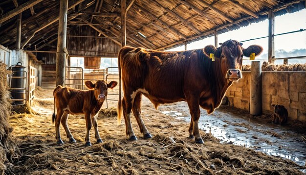 um rebanho de vacas está de pé num celeiro há uma mistura de vacas castanhas e brancas