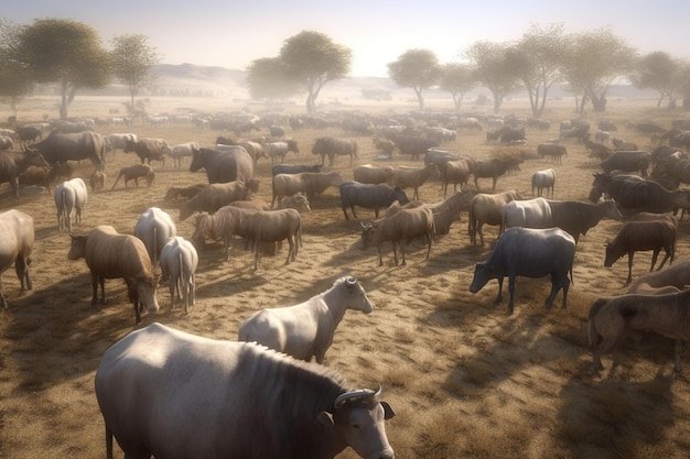 Um rebanho de vacas está parado em um campo.