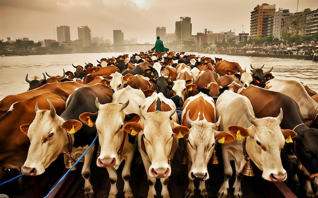 Um rebanho de vacas está sendo conduzido por um barco que diz "vacas"