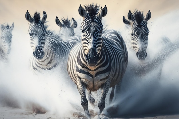 Um rebanho de zebras correndo pela estação de neve gelada das planícies