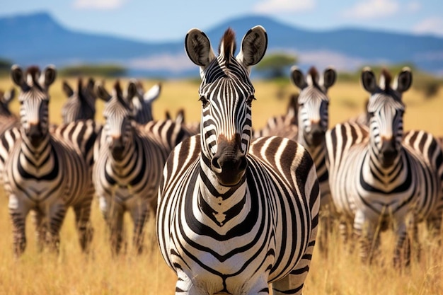 Um rebanho de zebras está parado em um campo com montanhas ao fundo.