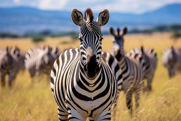 um rebanho de zebras está parado em um campo com uma montanha ao fundo.