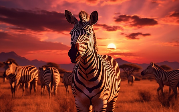 Um rebanho de zebras pastando ao pôr-do-sol na savana