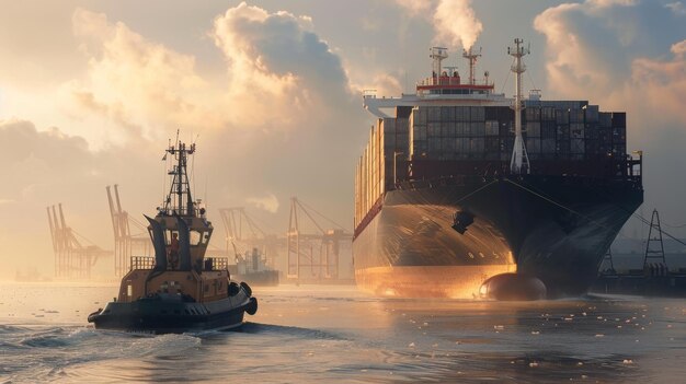 Foto um rebocador guiando um enorme navio de carga para o porto, um testemunho do trabalho de equipe habilidoso necessário para uma navegação segura