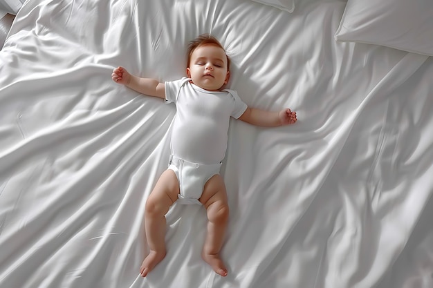 Foto um recém-nascido adorável deitado numa cama branca.