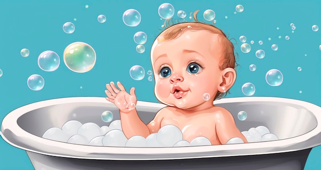 Um recém-nascido toma banho.