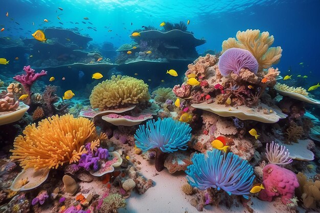 Um recife de corais colorido com anêmonas marinhas exóticas