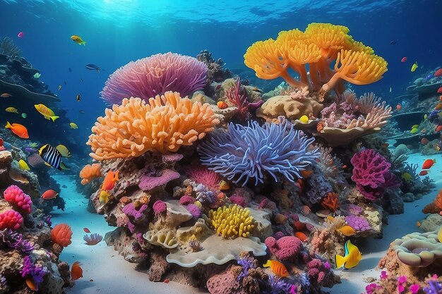 Um recife de corais colorido com anêmonas marinhas exóticas