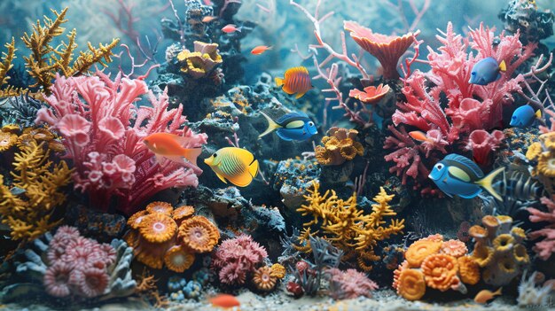 Um recife de corais colorido repleto de peixes tropicais, algas e esponjas