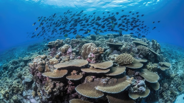 Um recife de corais com cardumes de peixes