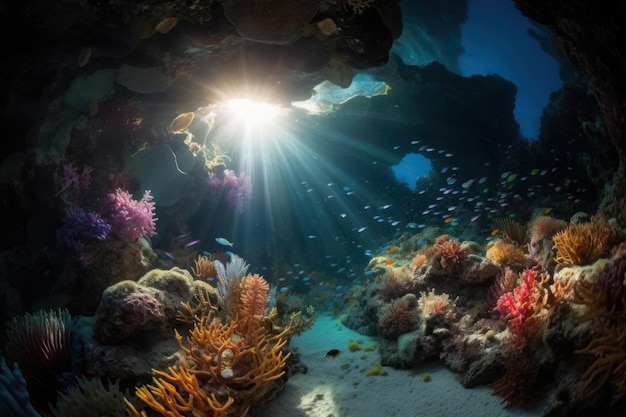 Um recife de corais com luz brilhando através da caverna no estilo de raios de sol brilhando sobre ele.