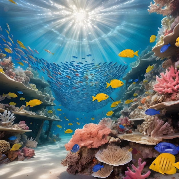 um recife de corais com muitos peixes tropicais nadando em torno dele
