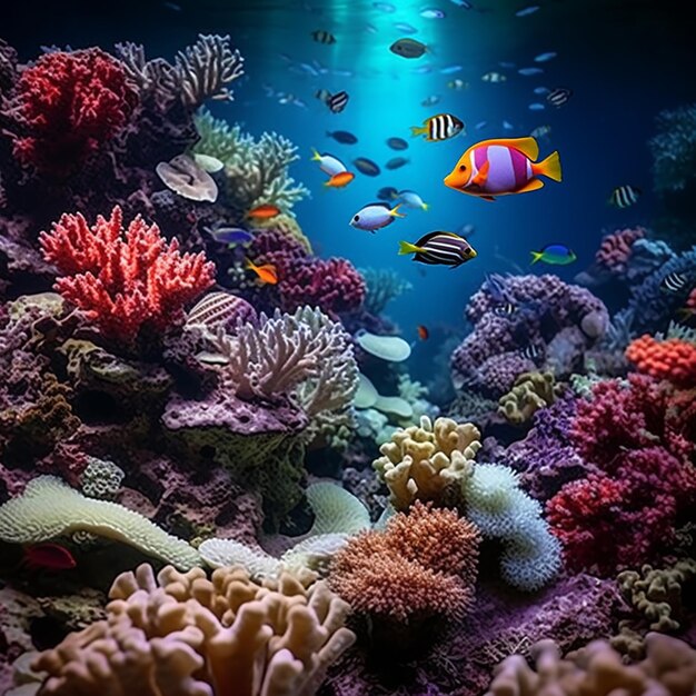 um recife de corais com vários peixes e corais tropicais coloridos