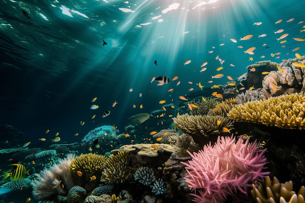 Um recife de corais paradisíaco subaquático repleto de peixes tropicais