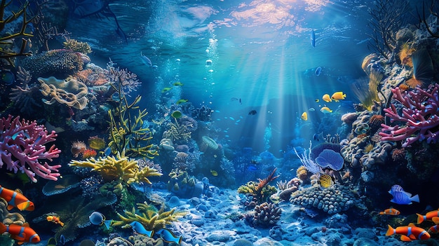 Um recife de corais subaquático com muitos peixes tropicais coloridos e brilhantes