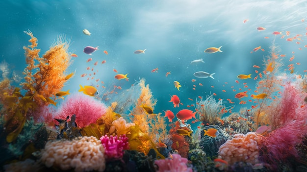 Um recife de corais vibrante com peixes coloridos, uma vida marinha próspera, um ecossistema saudável.