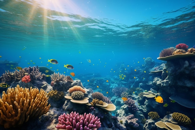 Um recife de corais vibrante com peixes tropicais nadando entre os corais