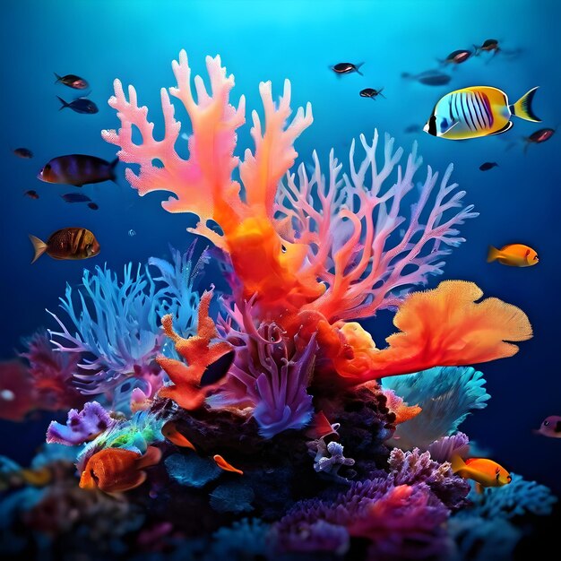 um recife de coral colorido com muitos peixes tropicais nadando em torno dele