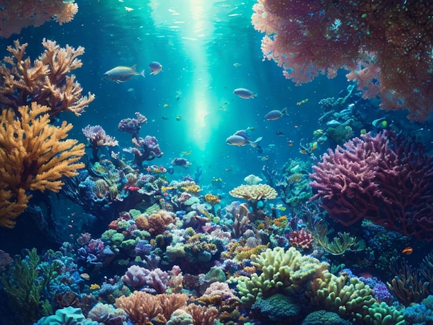 Um recife de coral colorido com um peixe nadando nele