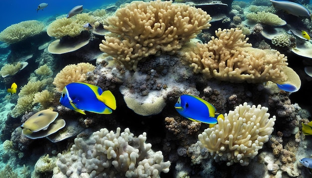 um recife de coral com dois peixes azuis e um peixe amarelo e azul