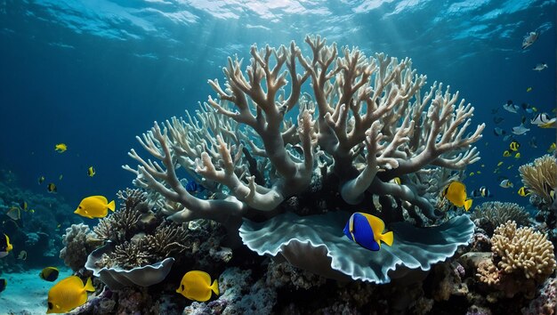 Um recife de coral com muitos peixes coloridos nadando em torno dele um recife de corais com muitos tipos de peixes