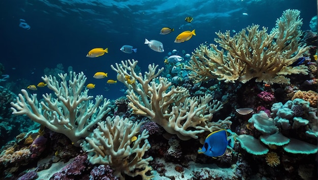 Um recife de coral com muitos peixes coloridos nadando em torno dele um recife de corais com muitos tipos de peixes