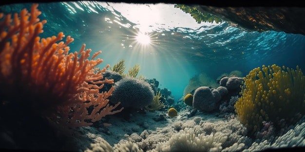 Um recife de coral com o sol brilhando sobre ele