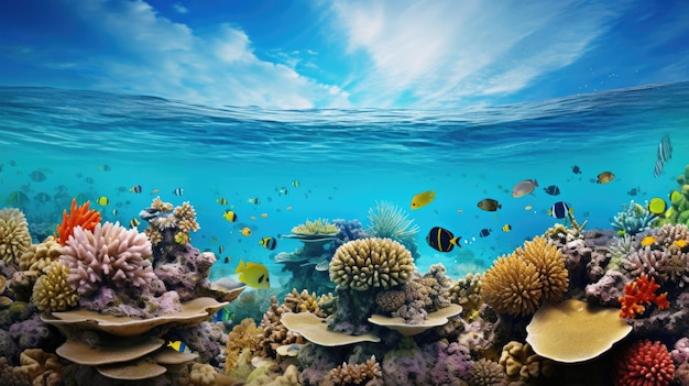 um recife de coral com peixes e corais
