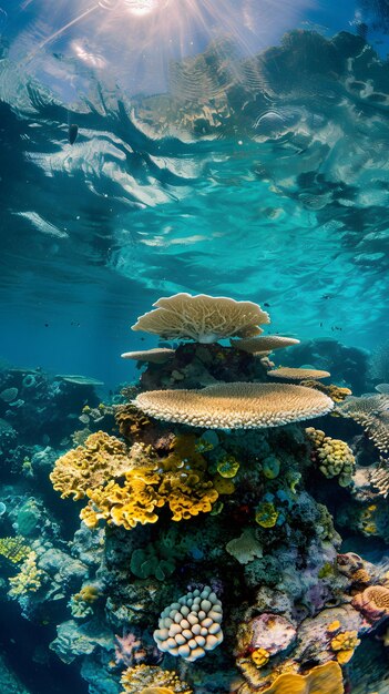 Foto um recife de coral com um grupo de cogumelos e outros corais