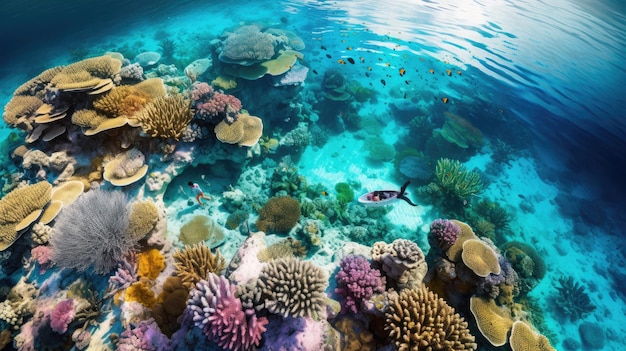 um recife de coral com um mergulhador e um pequeno peixe.