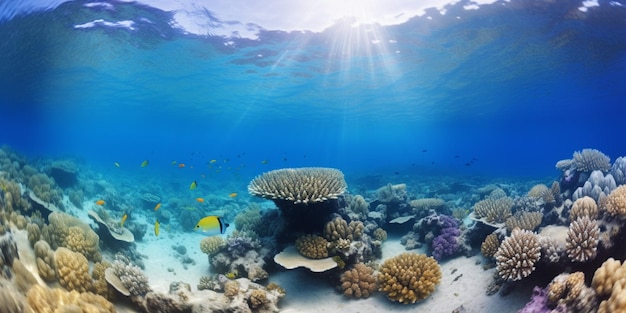 Um recife de coral com um peixe nadando abaixo dele.