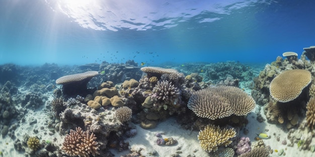 Um recife de coral com um peixe nadando ao fundo.