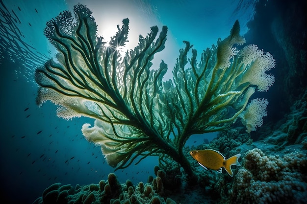 Um recife de coral com um peixe nadando na água.