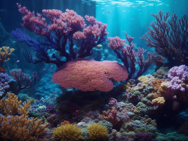 Um recife de coral com um peixe nadando na água